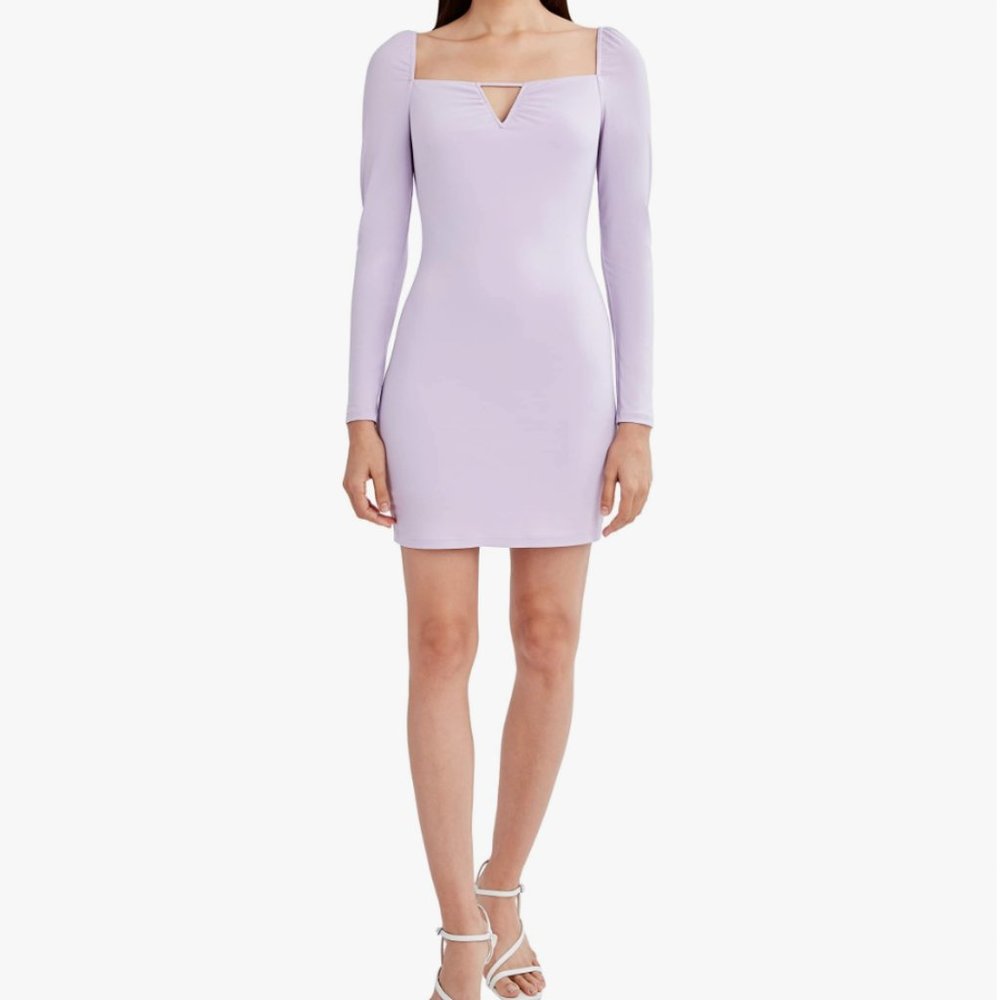 BCBGeneration Fitted Long Sleeve Square Neck Mini Dress Orchid Lavender Lilac XS - Picture 2 of 7